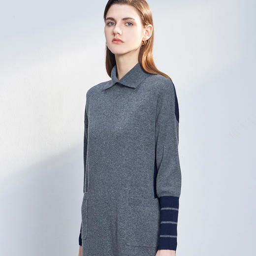 【撞色中长款羊绒连衣裙】羊绒世家秋冬新品女士100%山羊绒衫长袖拼针织接连衣裙 商品图1