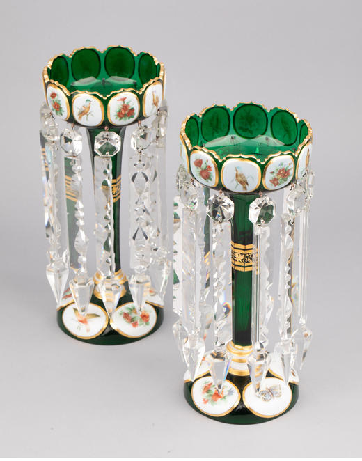 独角鹿西洋古董波西米亚花鸟主题彩绘描金菠萝樽水晶流苏烛台一对 商品图2