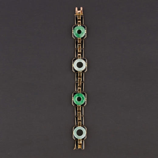 独角鹿西洋古董法国工坊George L'Enfant黄金珐琅镶嵌翡翠手链 商品图1