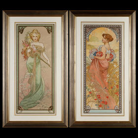 独角鹿西洋古董新艺术穆夏原版版画《春Printemps》与《夏Eté》