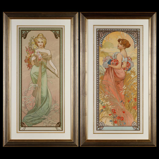 独角鹿西洋古董新艺术穆夏原版版画《春Printemps》与《夏Eté》 商品图0