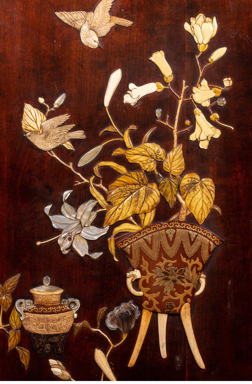 独角鹿西洋古董日本明治时期博古清供花鸟芝山镶嵌漆木装饰画一对 商品图4