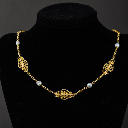 独角鹿西洋古董珠宝法国18K金镶嵌天然巴洛克珍珠giletière项链 商品图0