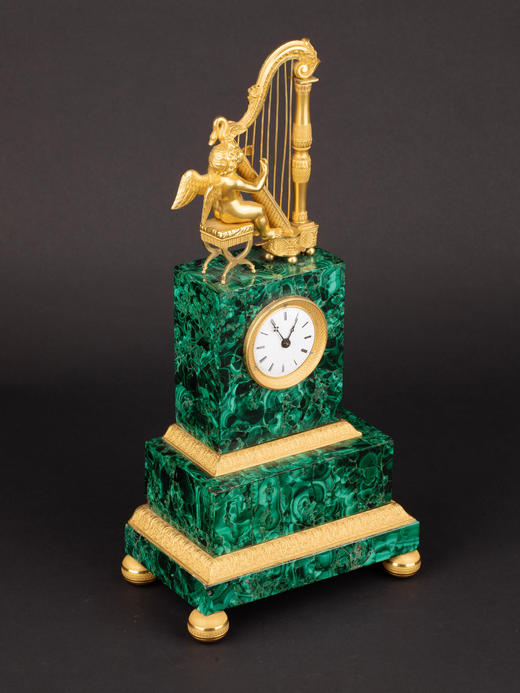 独角鹿西洋古董法国孔雀石花卉底座小天使弹竖琴鎏金曼特尔座钟 商品图2