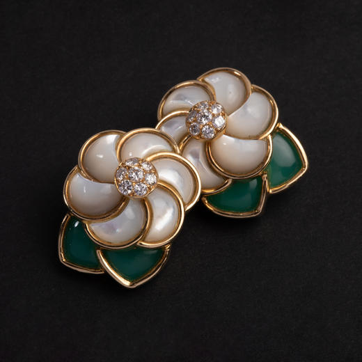 独角鹿西洋古董首饰法国奢侈珠宝世家18k金镶母贝绿玉髓钻石耳环 商品图2