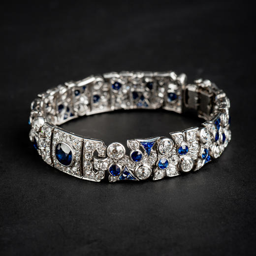 独角鹿西洋古董珠宝法国装饰艺术时代铂金镶嵌钻石蓝宝石手链手镯 商品图3