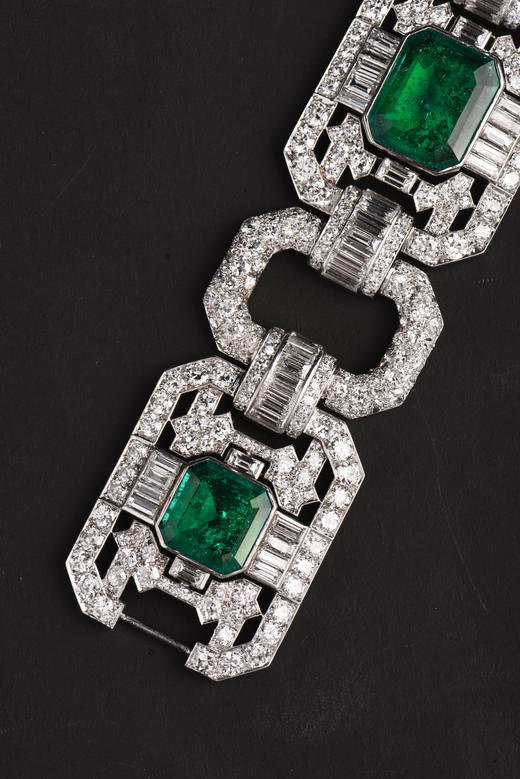 独角鹿西洋古董Mauboussin铂金镶嵌哥伦比亚祖母绿钻石宽手链手镯 商品图3