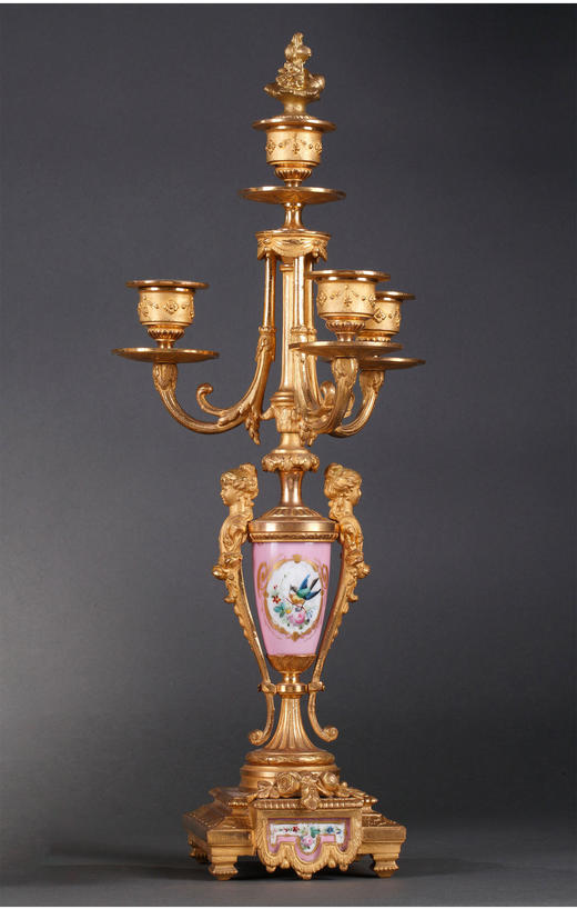 【已售】独角鹿西洋古董法国出品手绘瓷画铜鎏金装饰座钟烛台三件套 商品图1