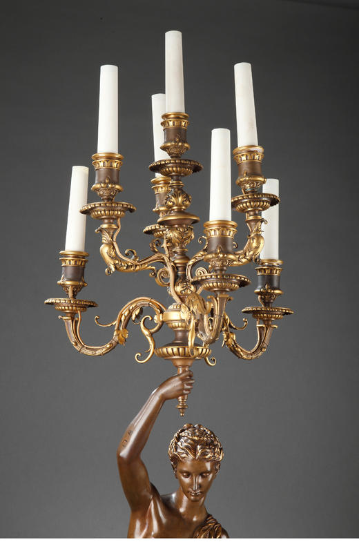 独角鹿西洋古董法国Barbedienne工坊大理石底座青铜雕塑烛台一对 商品图1