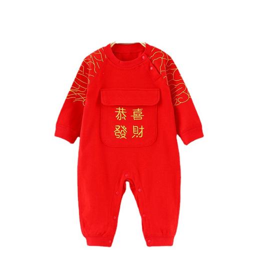 婴幼儿大红色纯棉款连体衣夹棉保暖款爬服带红帽红袜子59-90cm 商品图3