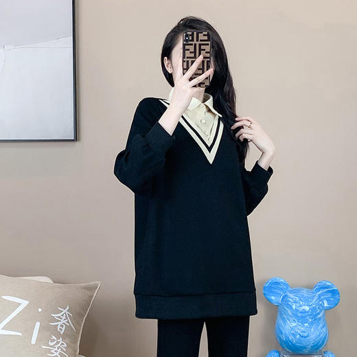 奢姿2022年冬装新款大码女装时尚翻驳领百搭上衣胖妹妹撞色加绒卫衣9924125135 商品图1