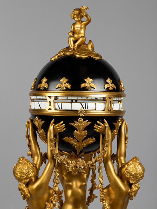 独角鹿西洋古董白色大理石铜鎏金美惠三女神托举水平旋转球形座钟 商品图2