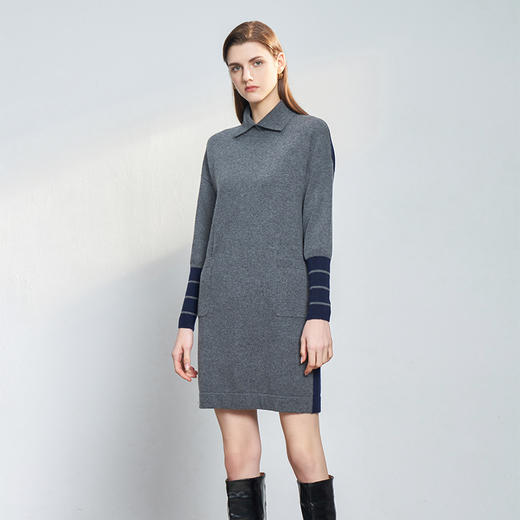 【撞色中长款羊绒连衣裙】羊绒世家秋冬新品女士100%山羊绒衫长袖拼针织接连衣裙 商品图0