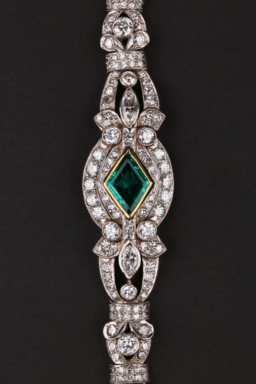 独角鹿西洋古董装饰艺术时期铂金镶嵌钻石哥伦比亚祖母绿手链手镯 商品图1