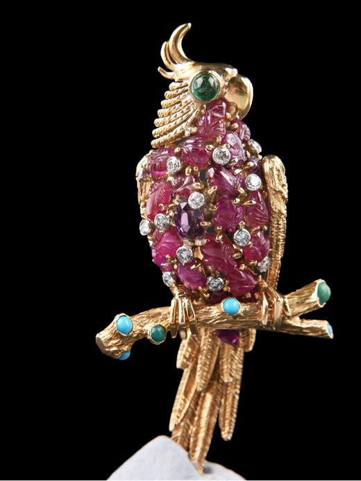 独角鹿西洋古董Marchak18K金镶红宝石祖母绿钻石绿松石鹦鹉胸针 商品图3