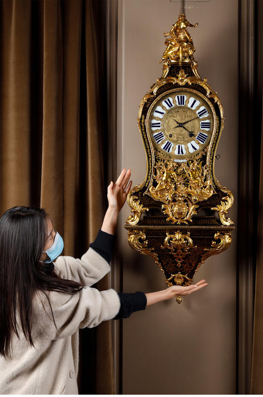 独角鹿西洋古董新古典主义风格铜鎏金雕饰布勒镶嵌挂钟托架壁钟 商品图1