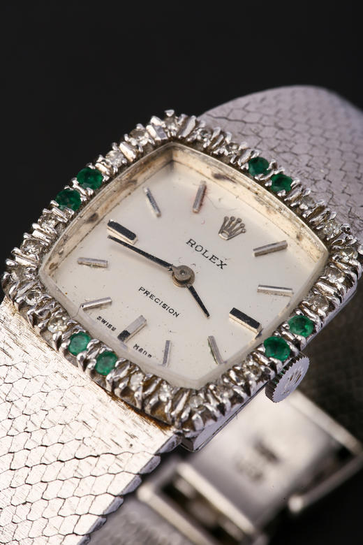 独角鹿西洋古董瑞士钟表世家18K金镶钻石祖母绿方形机械女士腕表 商品图2