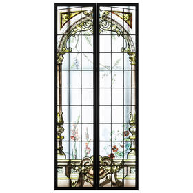 独角鹿西洋古董法国新艺术时期廊柱拱门花卉彩绘玻璃花窗一对