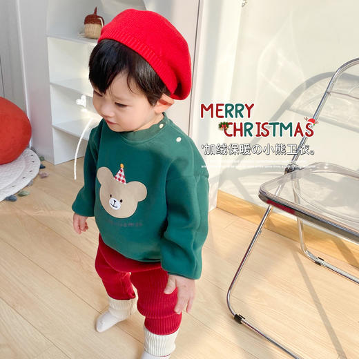 一体绒宝宝圣诞新年上衣可爱卡通小熊秋冬季婴儿加绒保暖套头卫衣 商品图2