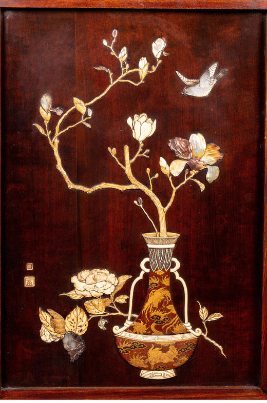 独角鹿西洋古董日本明治时期博古清供花鸟芝山镶嵌漆木装饰画一对 商品图3