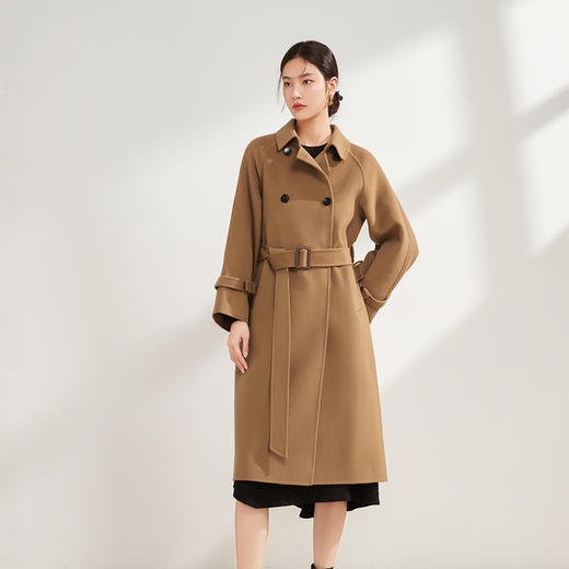 【中长款双排扣羊毛大衣】22年秋冬新品女士双面呢长袖大衣翻领腰带呢子气质优雅中长款毛呢大衣 商品图0