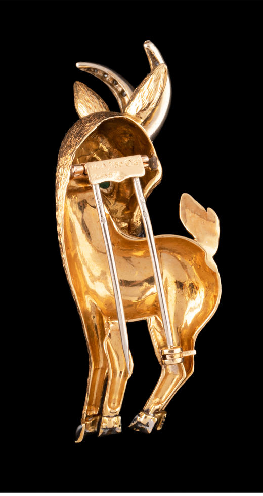 独角鹿西洋古董法国珠宝品牌18k金镶嵌钻石黑珐琅祖母绿羚羊胸针 商品图2