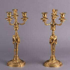 独角鹿西洋古董摆件法国工坊签名路易十六风小天使铜鎏金烛台一对