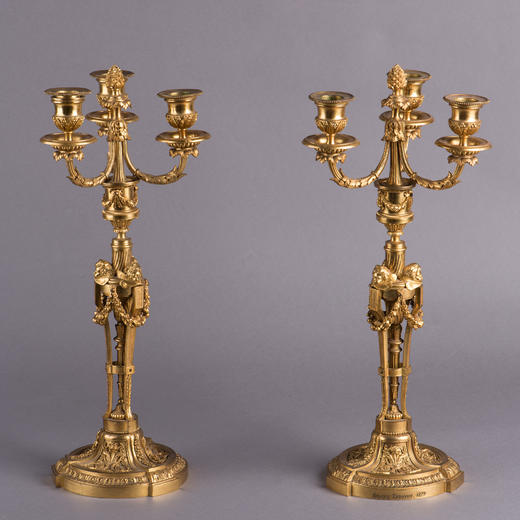 独角鹿西洋古董摆件法国工坊签名路易十六风小天使铜鎏金烛台一对 商品图0