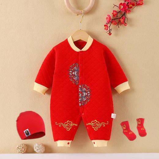 婴幼儿大红色纯棉款连体衣夹棉保暖款爬服带红帽红袜子59-90cm 商品图5