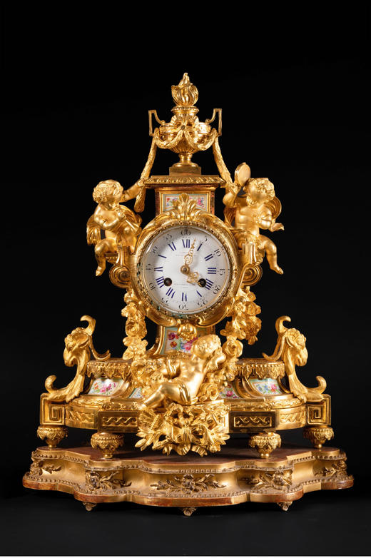 独角鹿西洋古董法国路易十六风铜鎏金雕饰彩绘瓷片座钟烛台三件套 商品图2