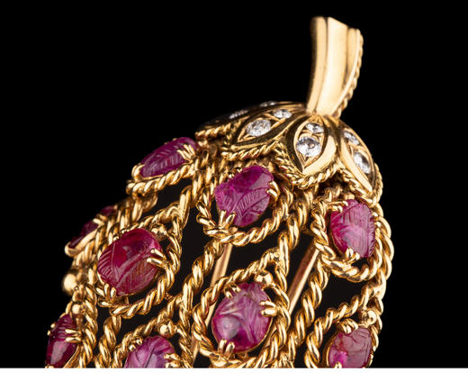 独角鹿西洋古董法国珠宝品牌18k金镶嵌钻石红宝石草莓造型胸针 商品图2