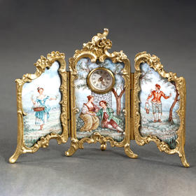 独角鹿西洋古董摆件19世纪奥地利出品铜鎏金手绘珐琅迷你屏风座钟