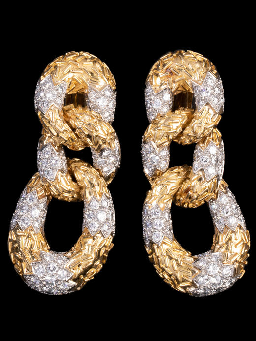 独角鹿西洋古董珠宝首饰法国锚链18k黄金镶嵌钻石耳坠耳饰一对 商品图0