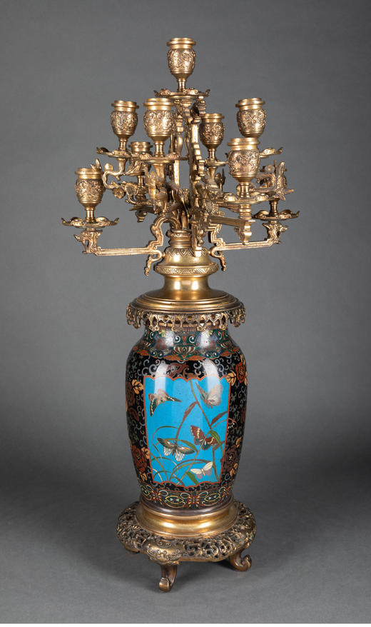 独角鹿西洋古董铜鎏金精雕嵌富贵花鸟掐丝珐琅花瓶多枝头烛台一对 商品图3