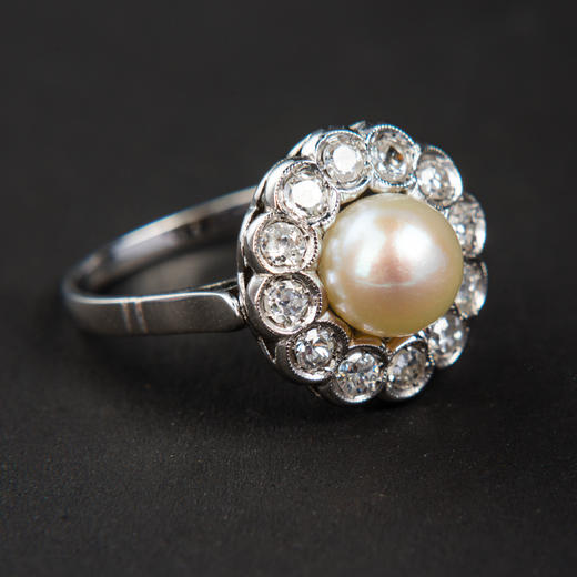 独角鹿西洋古董法国美好时代铂金镶嵌钻石天然珍珠玛格丽特款戒指 商品图2