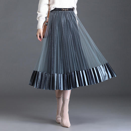 秋冬新款高腰网纱拼接丝绒半身裙百褶裙MYX-9800 商品图0
