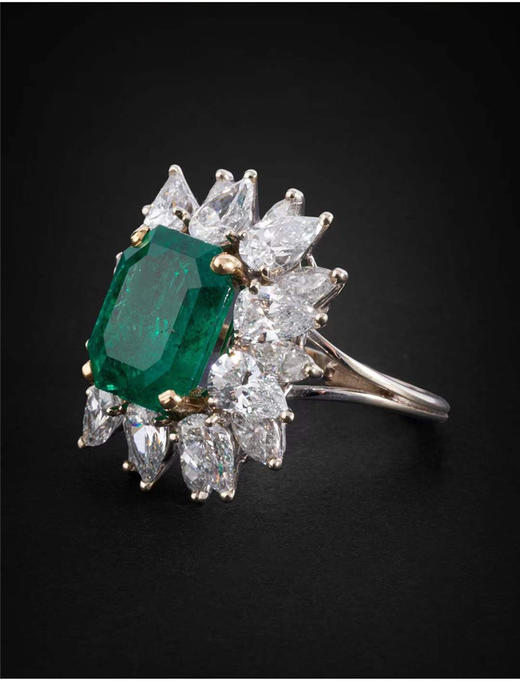 独角鹿西洋古董首饰珠宝法国18k白金及黄金镶嵌祖母绿钻石戒指 商品图2