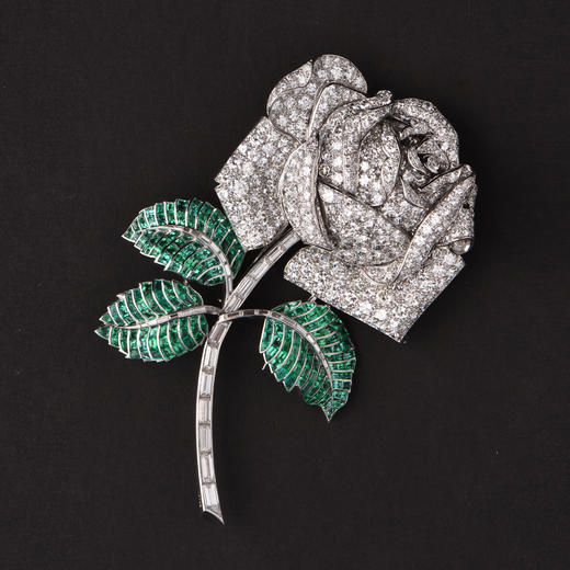 独角鹿西洋古董首饰珠宝法国铂金镶嵌钻石祖母绿玫瑰花枝造型胸针 商品图4