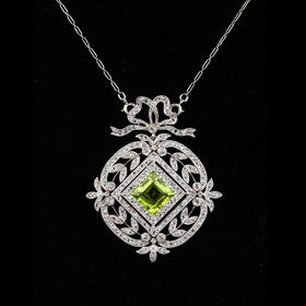 独角鹿西洋古董珠宝Fontenay美好时代风铂金镶钻石橄榄石吊坠项链