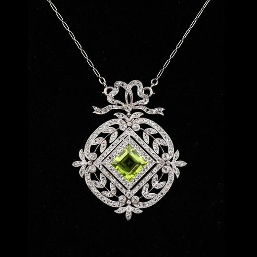 独角鹿西洋古董珠宝Fontenay美好时代风铂金镶钻石橄榄石吊坠项链 商品图0