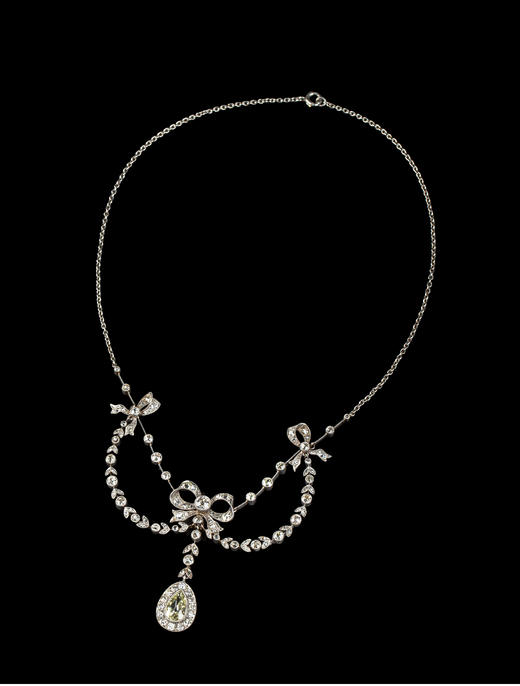 独角鹿西洋古董珠宝首饰美好时代铂金镶嵌钻石缎带蝴蝶结花环项链 商品图2