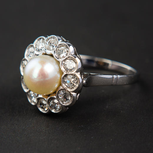 独角鹿西洋古董法国美好时代铂金镶嵌钻石天然珍珠玛格丽特款戒指 商品图1