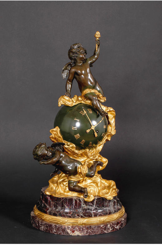 独角鹿西洋古董法国新古典风格铜鎏金小天使大理石底座座钟摆件 商品图2