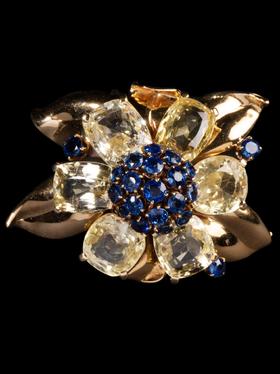 独角鹿西洋古董首饰法国珠宝世家花朵型18k黄金镶双色蓝宝石胸针