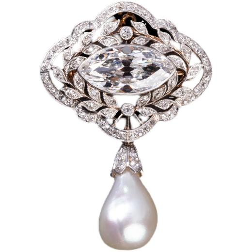 独角鹿西洋古董欧洲黄金底铂金镶嵌钻石天然珍珠吊坠花环造型胸针 商品图4