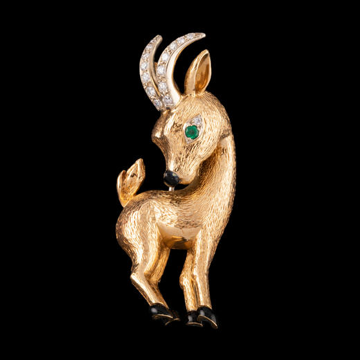 独角鹿西洋古董法国珠宝品牌18k金镶嵌钻石黑珐琅祖母绿羚羊胸针 商品图0