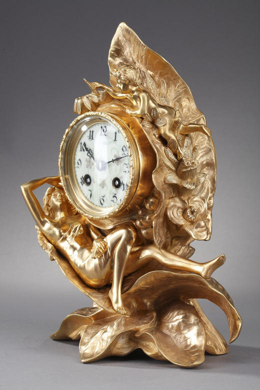 独角鹿西洋古董A.D. Mougin新艺术风铜鎏金底座圆形珐琅表盘座钟 商品图3