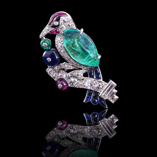 独角鹿西洋古董珠宝首饰法国铂金镶嵌祖母绿红宝石蓝宝石钻石胸针 商品图4