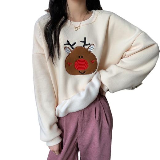 加绒卫衣宽松韩版慵懒风圣诞节喜庆可爱卡通少女显白刺绣 商品图4