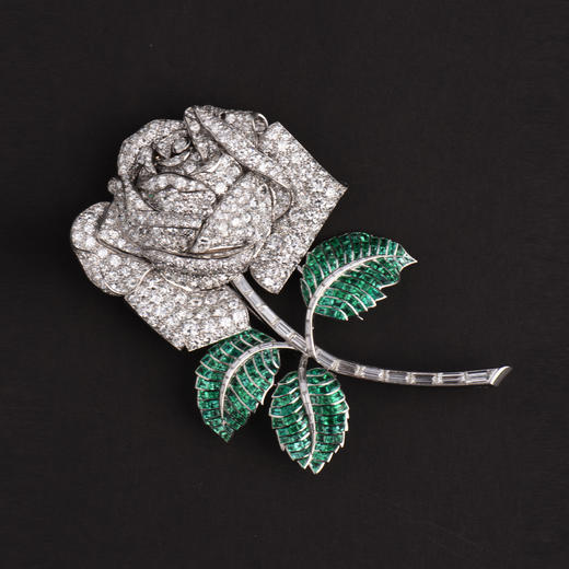 独角鹿西洋古董首饰珠宝法国铂金镶嵌钻石祖母绿玫瑰花枝造型胸针 商品图1